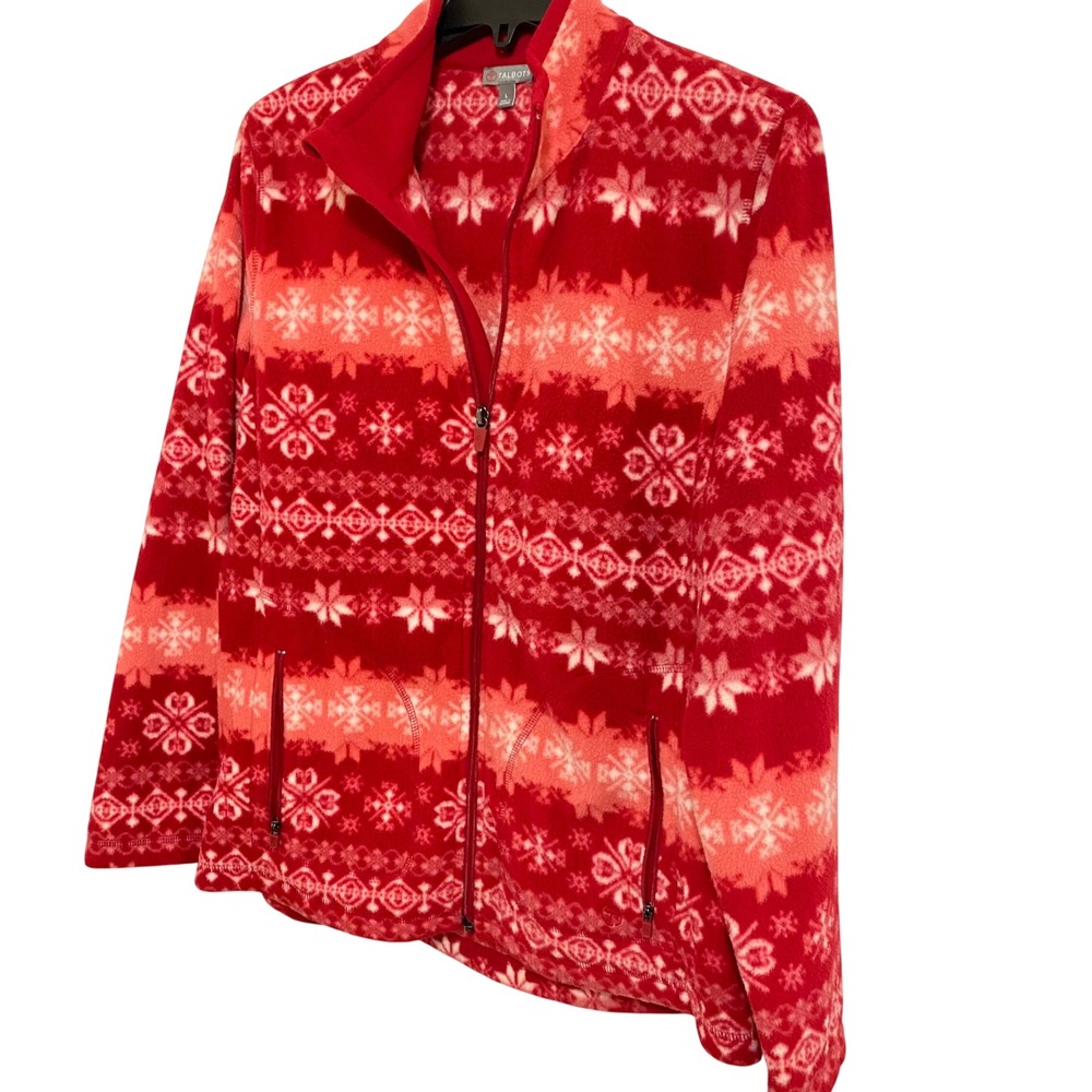 Talbots Fleece Jacket Womens L Red Fair Isle Snowflake Full Zip Mock Neck - Picture 6 of 7